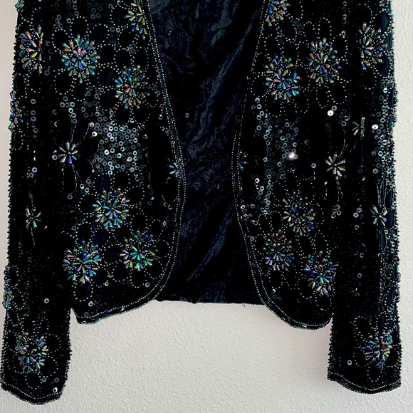 VINTAGE DESIGNER SKC 100% Silk Sequin & Beaded Floral Puff Crop Jacket GATSBY - Picture 3 of 10
